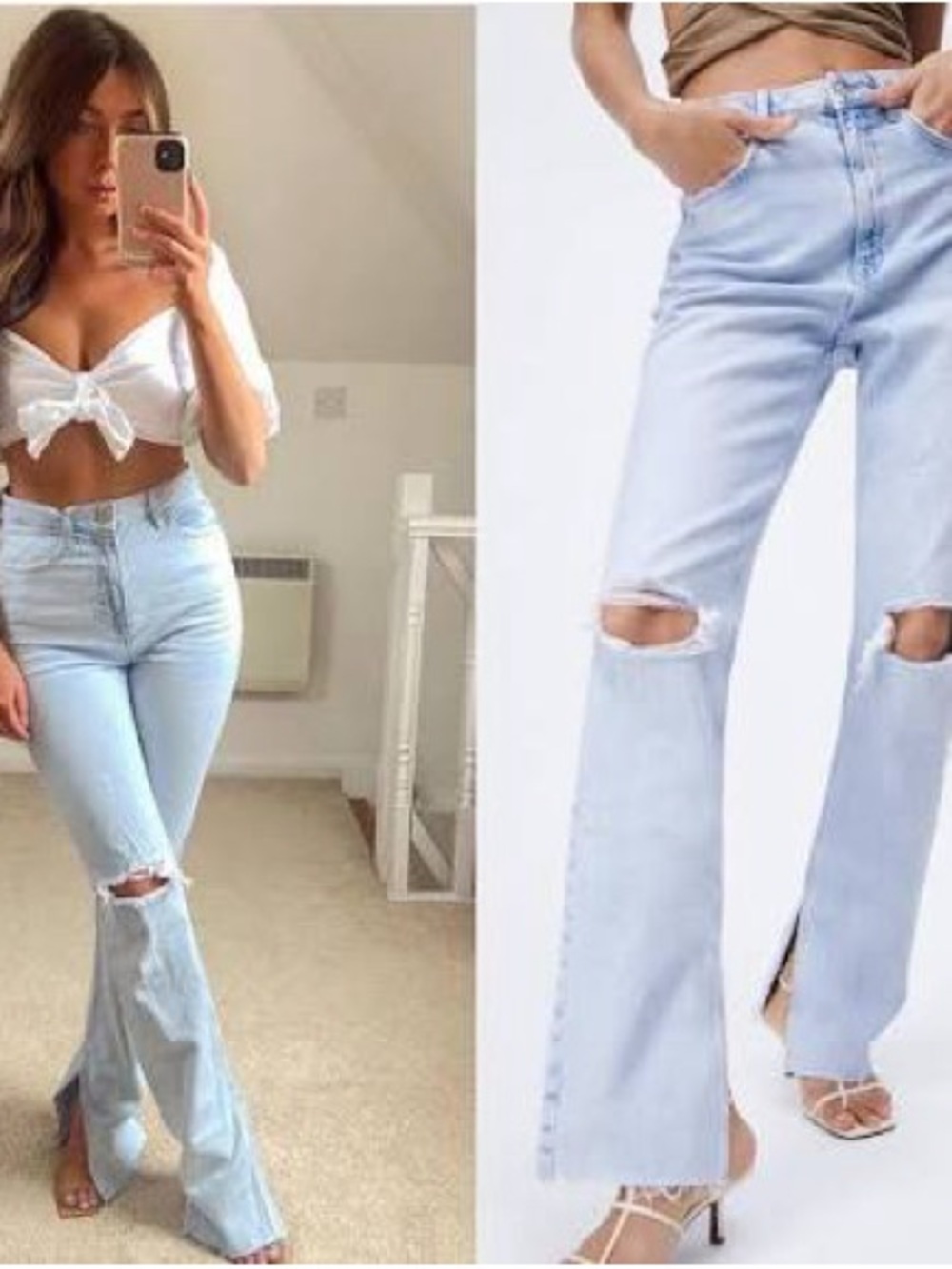 Zara Light Blue High-Rise Distressed Flare Jeans